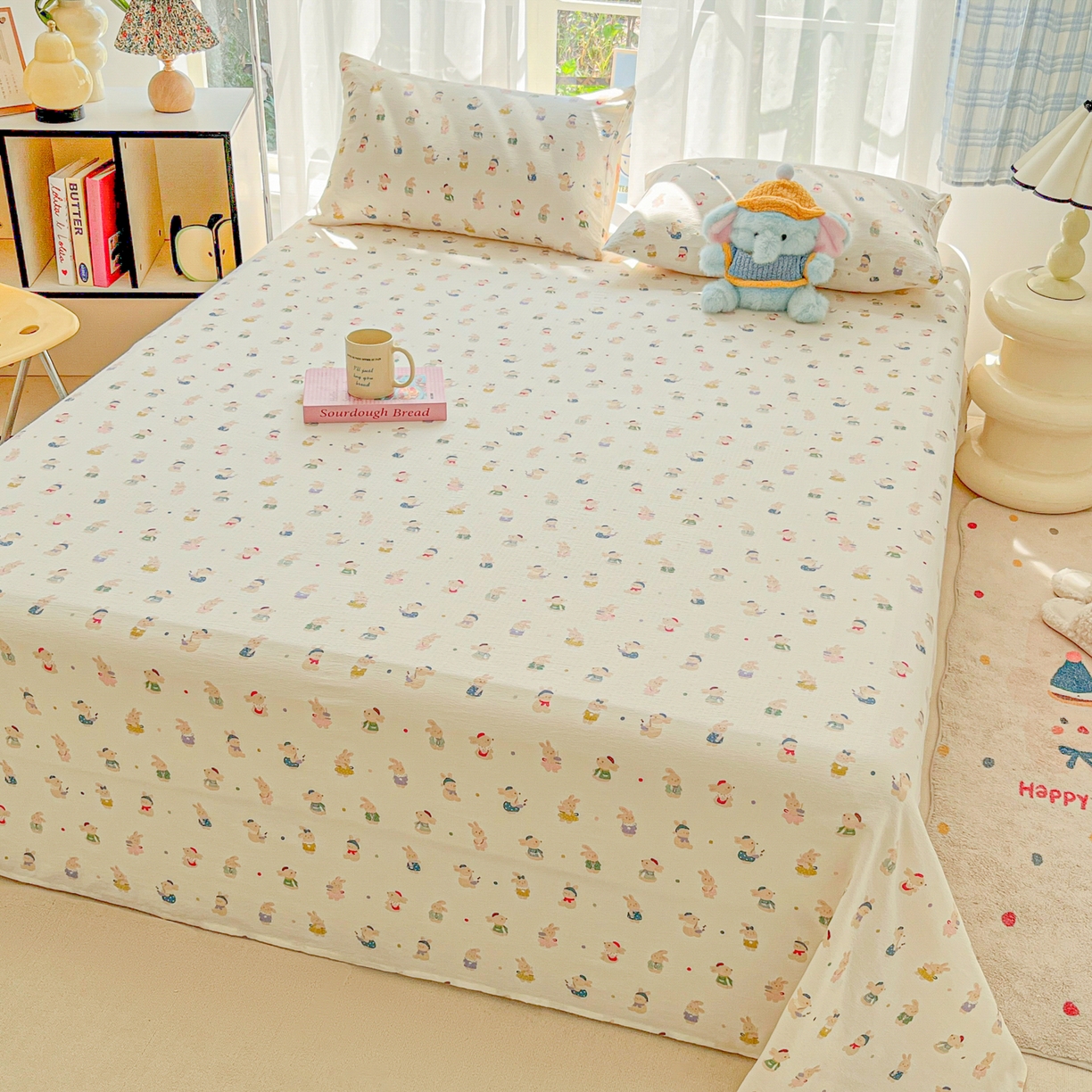 91家纺网 家纺一手货源 找家纺 韩巢家纺 2025新款双层纱儿童卡通风床单寝室单人学生宿舍单床单床单单件单品床单 兔子集合