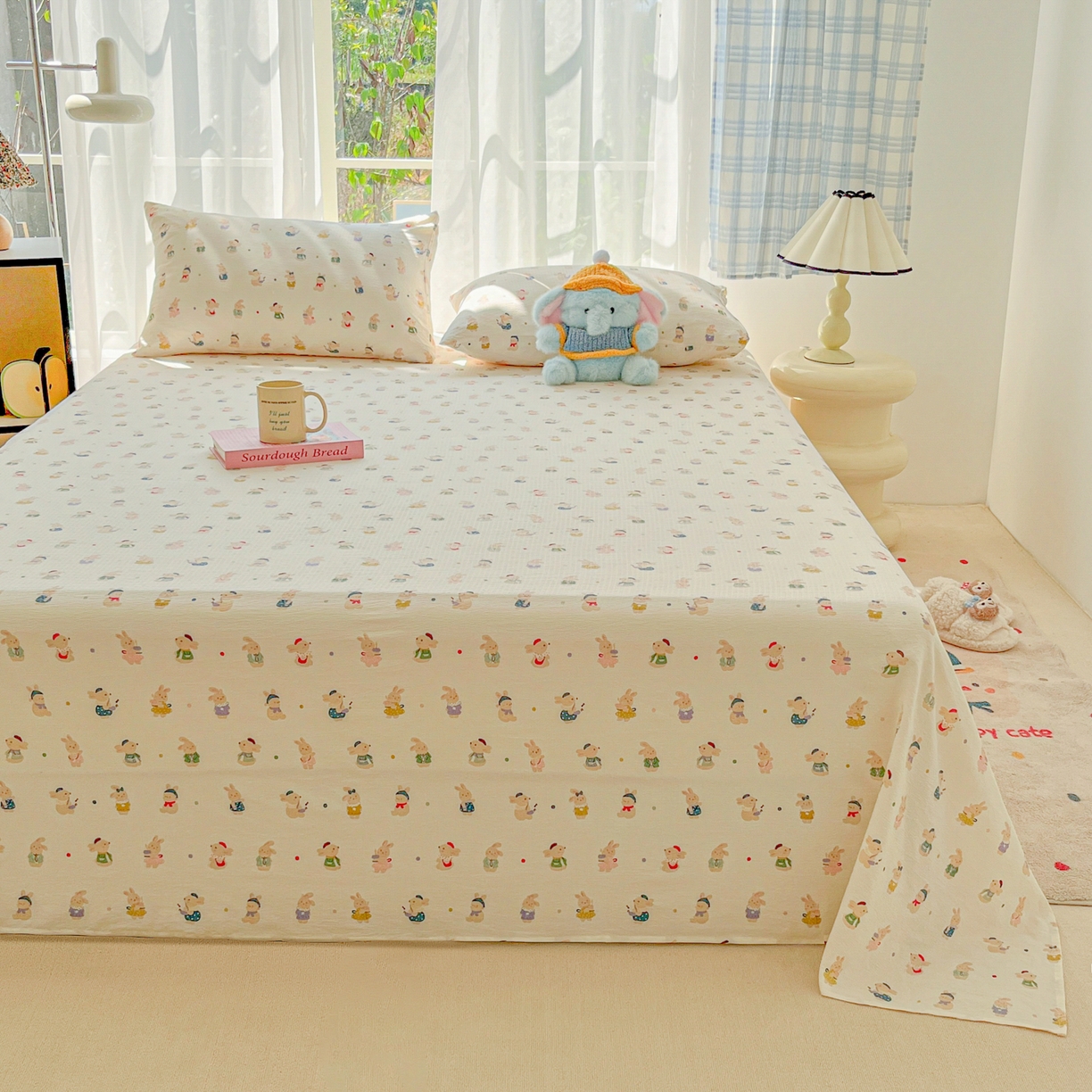 91家纺网 家纺一手货源 找家纺 韩巢家纺 2025新款双层纱儿童卡通风床单寝室单人学生宿舍单床单床单单件单品床单 兔子集合