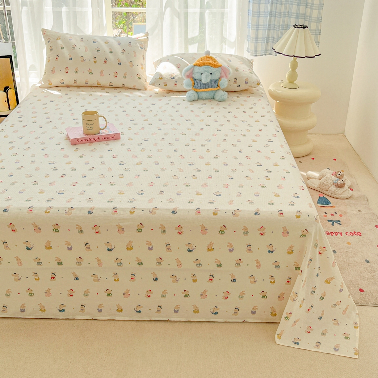 91家纺网 家纺一手货源 找家纺 韩巢家纺 2025新款双层纱儿童卡通风床单寝室单人学生宿舍单床单床单单件单品床单 兔子集合