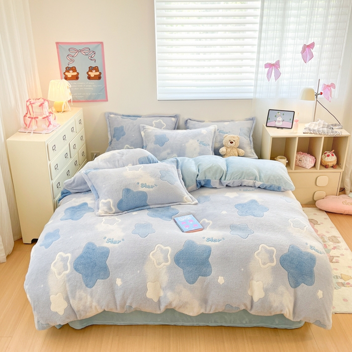 91家纺网 家纺一手货源 找家纺 川悦生活 2025新款立体雪花绒印花大床四件套系列二场景一 叮咚星星