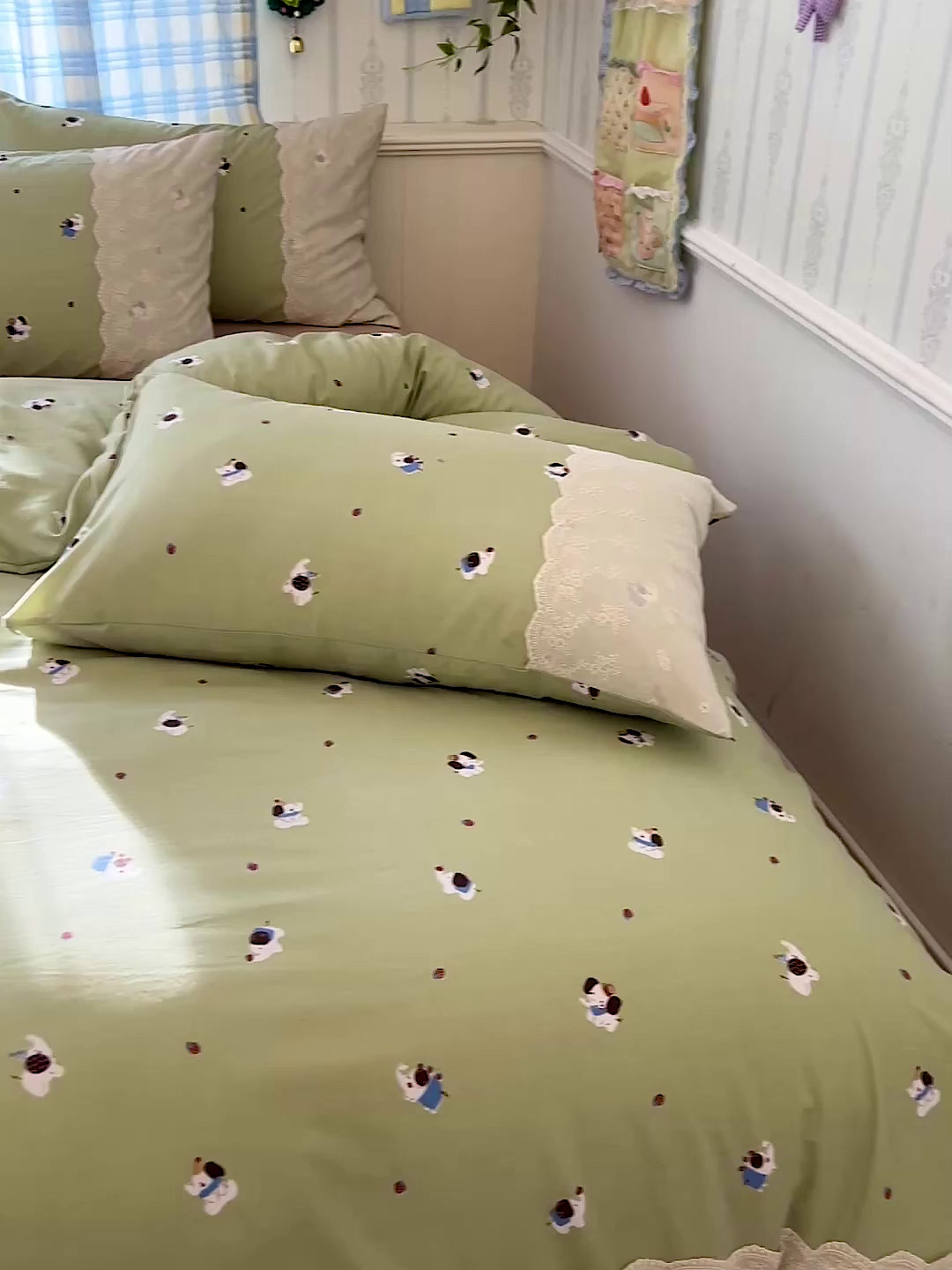 91家纺网 家纺一手货源 找家纺 海岛哥哥 2025新款韩式全棉蕾丝花边软绵绵四件套 幸运小象-绿