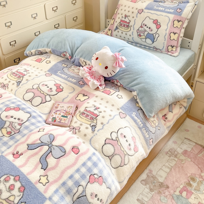 川悦生活 2025新款立体雪花绒印花四件套学生床系列二场景一 小喵甜心