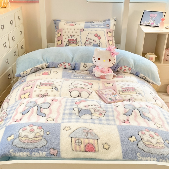 91家纺网 家纺一手货源 找家纺 川悦生活 2025新款立体雪花绒印花四件套学生床系列二场景一 小喵甜心