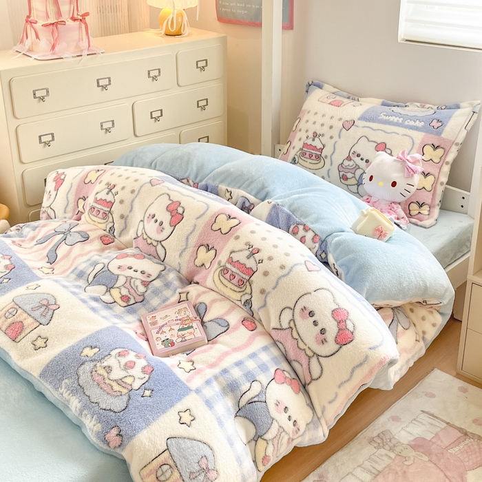 91家纺网 家纺一手货源 找家纺 川悦生活 2025新款立体雪花绒印花四件套学生床系列二场景一 小喵甜心