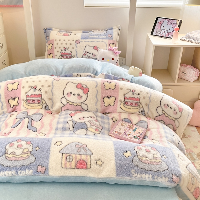 91家纺网 家纺一手货源 找家纺 川悦生活 2025新款立体雪花绒印花四件套学生床系列二场景一 小喵甜心