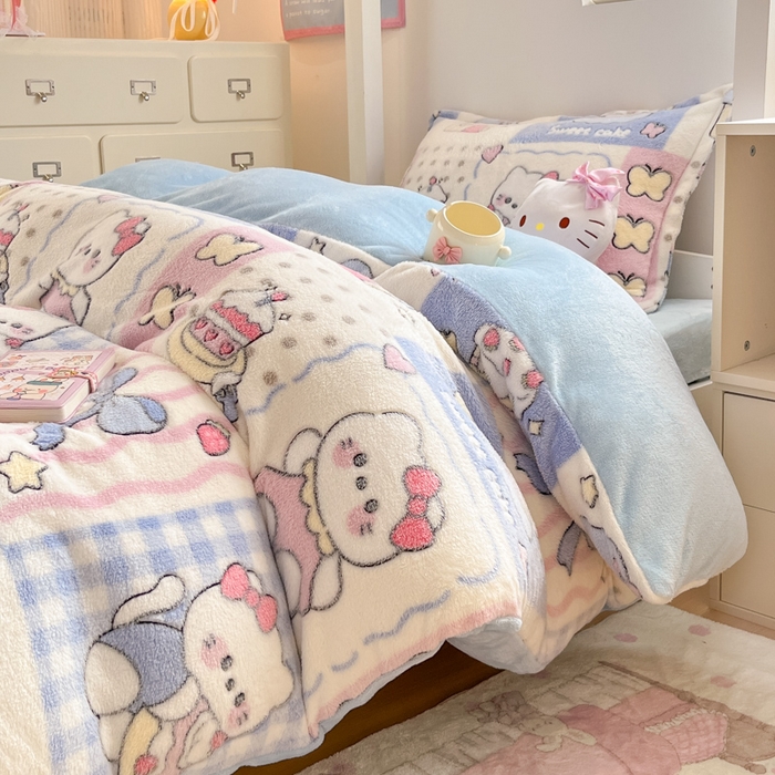 91家纺网 家纺一手货源 找家纺 川悦生活 2025新款立体雪花绒印花四件套学生床系列二场景一 小喵甜心