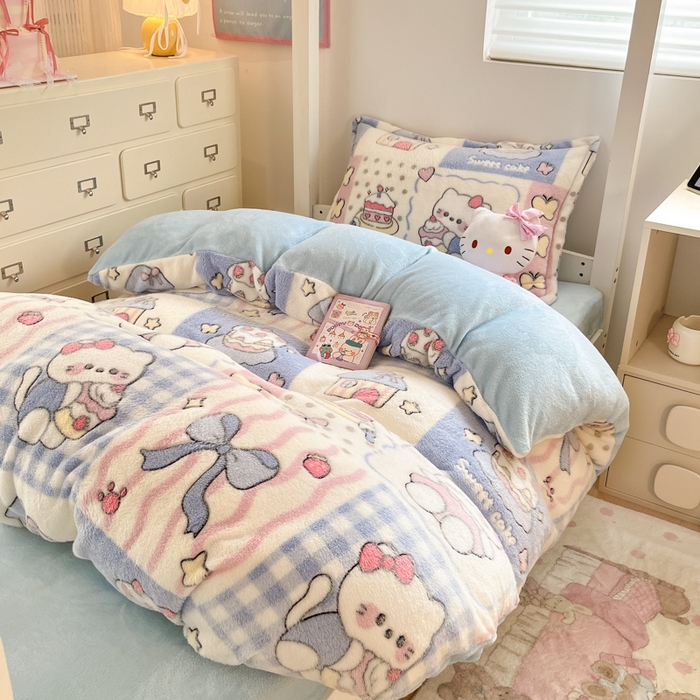 91家纺网 家纺一手货源 找家纺 川悦生活 2025新款立体雪花绒印花四件套学生床系列二场景一 小喵甜心