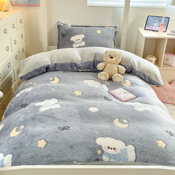 91家纺网 家纺一手货源 找家纺 川悦生活 2025新款立体雪花绒印花四件套学生床系列二场景一 星月小狗-灰
