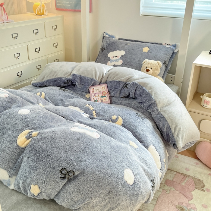 91家纺网 家纺一手货源 找家纺 川悦生活 2025新款立体雪花绒印花四件套学生床系列二场景一 星月小狗-灰