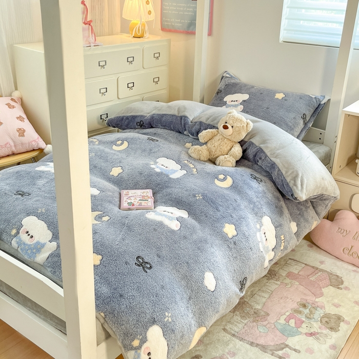 91家纺网 家纺一手货源 找家纺 川悦生活 2025新款立体雪花绒印花四件套学生床系列二场景一 星月小狗-灰