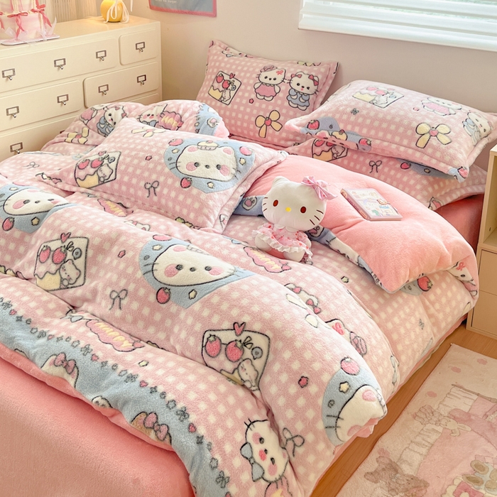 91家纺网 家纺一手货源 找家纺 川悦生活 2025新款立体雪花绒印花大床四件套系列二场景一 开心小喵