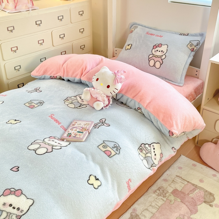 川悦生活 2025新款立体雪花绒印花四件套学生床系列二场景一 幸运小咪