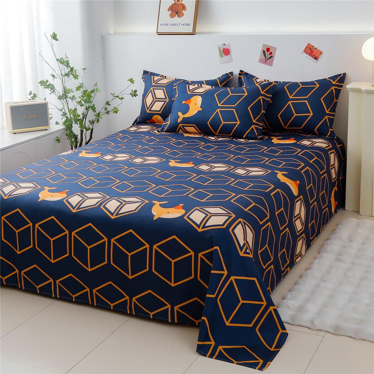 曼璐家纺 2025新款芦荟棉床单单件床单三件套单床单磨毛印花亲肤外贸跨境可定制花型尺寸 立方世界