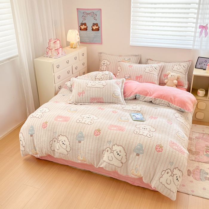 91家纺网 家纺一手货源 找家纺 川悦生活 2025新款立体雪花绒印花大床四件套系列二场景一 奶云蛋糕