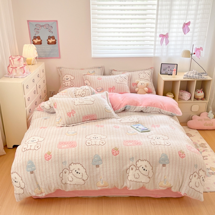 91家纺网 家纺一手货源 找家纺 川悦生活 2025新款立体雪花绒印花大床四件套系列二场景一 奶云蛋糕