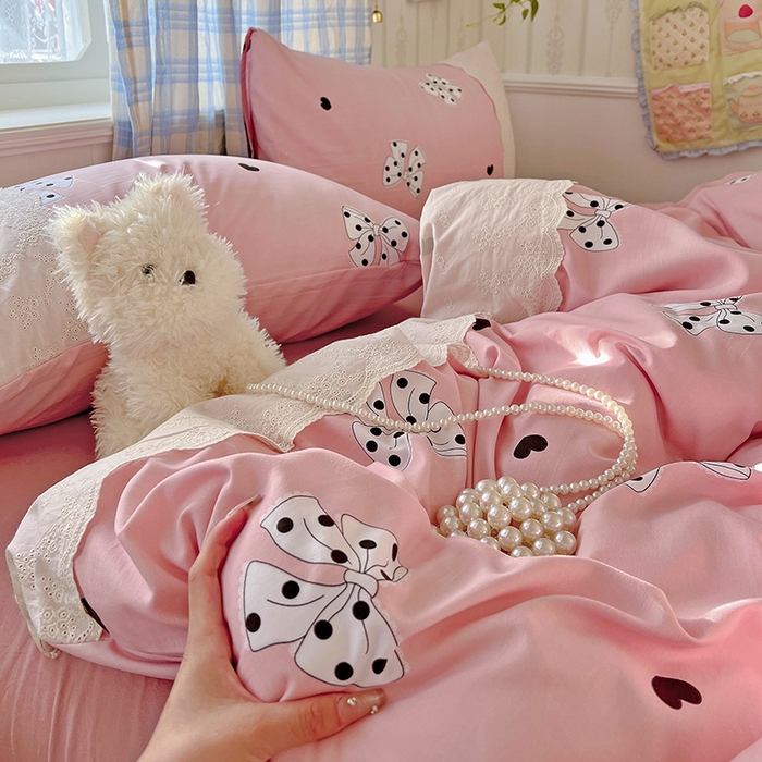 91家纺网 家纺一手货源 找家纺 港岛妹妹 2025新款韩式蕾丝花边软绵绵四件套 波点蝴蝶结