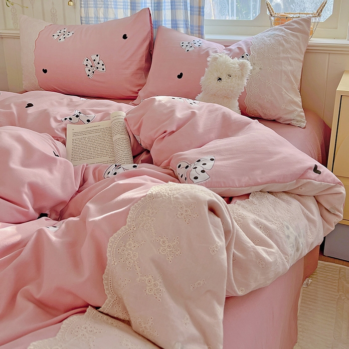 91家纺网 家纺一手货源 找家纺 港岛妹妹 2025新款韩式蕾丝花边软绵绵四件套 波点蝴蝶结