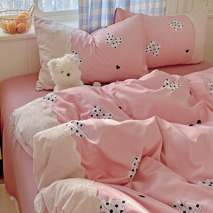 91家纺网 家纺一手货源 找家纺 港岛妹妹 2025新款韩式蕾丝花边软绵绵四件套 波点蝴蝶结