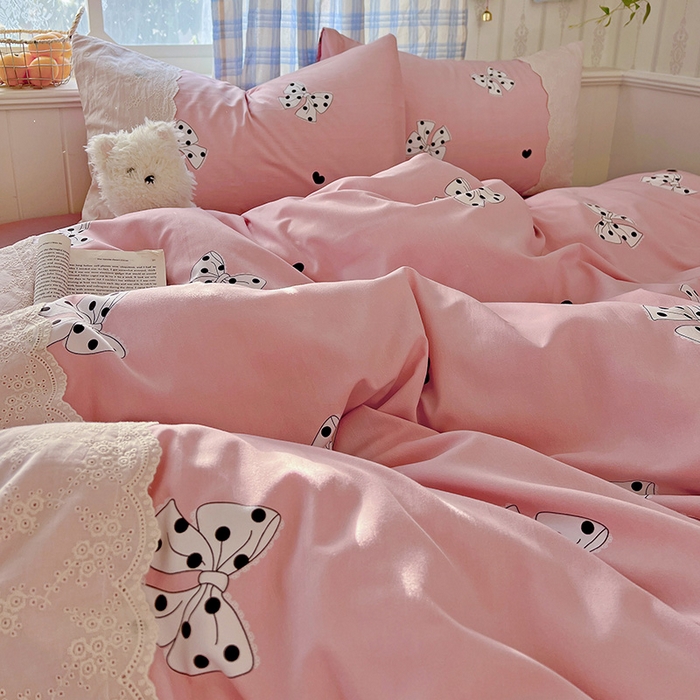 91家纺网 家纺一手货源 找家纺 港岛妹妹 2025新款韩式蕾丝花边软绵绵四件套 波点蝴蝶结