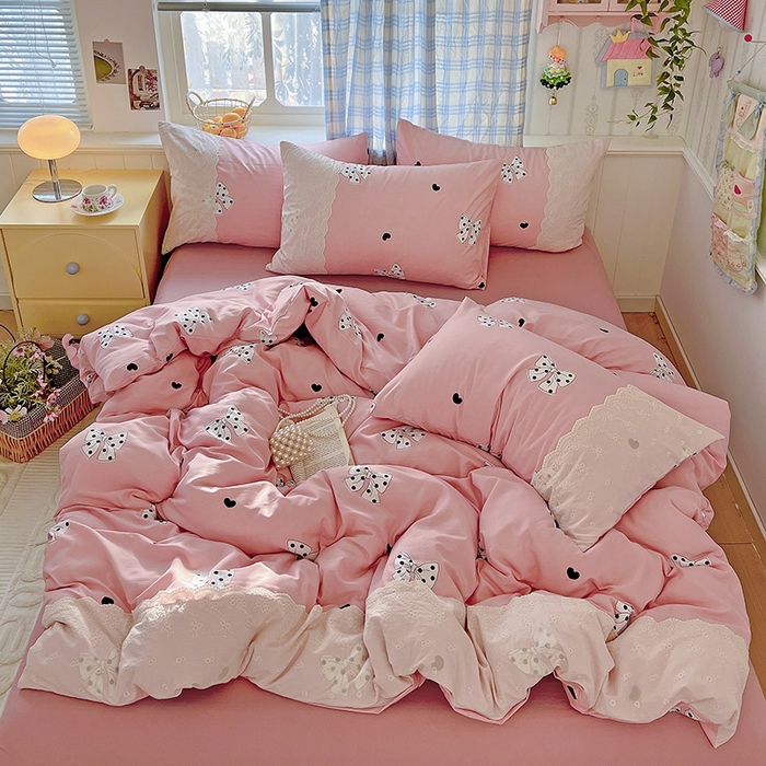 91家纺网 家纺一手货源 找家纺 港岛妹妹 2025新款韩式蕾丝花边软绵绵四件套 波点蝴蝶结