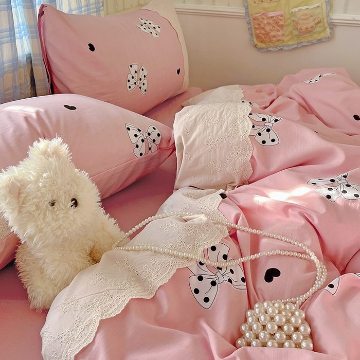 91家纺网 家纺一手货源 找家纺 港岛妹妹 2025新款韩式蕾丝花边软绵绵四件套 波点蝴蝶结