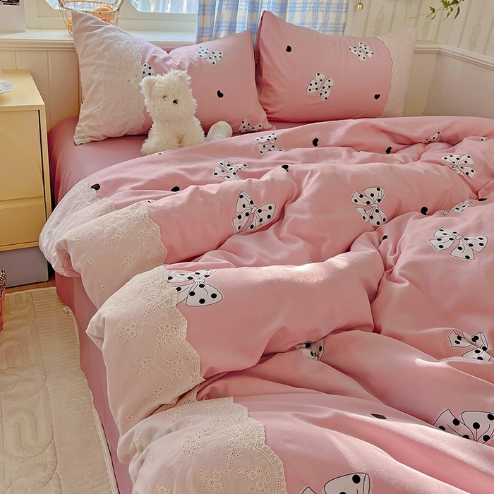 91家纺网 家纺一手货源 找家纺 港岛妹妹 2025新款韩式蕾丝花边软绵绵四件套 波点蝴蝶结