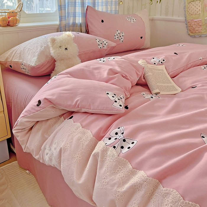 91家纺网 家纺一手货源 找家纺 港岛妹妹 2025新款韩式蕾丝花边软绵绵四件套 波点蝴蝶结