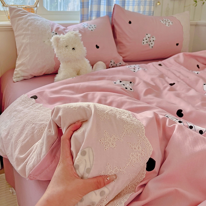 91家纺网 家纺一手货源 找家纺 港岛妹妹 2025新款韩式蕾丝花边软绵绵四件套 波点蝴蝶结