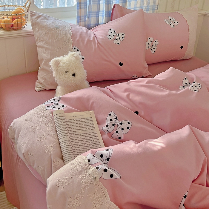 91家纺网 家纺一手货源 找家纺 港岛妹妹 2025新款韩式蕾丝花边软绵绵四件套 波点蝴蝶结