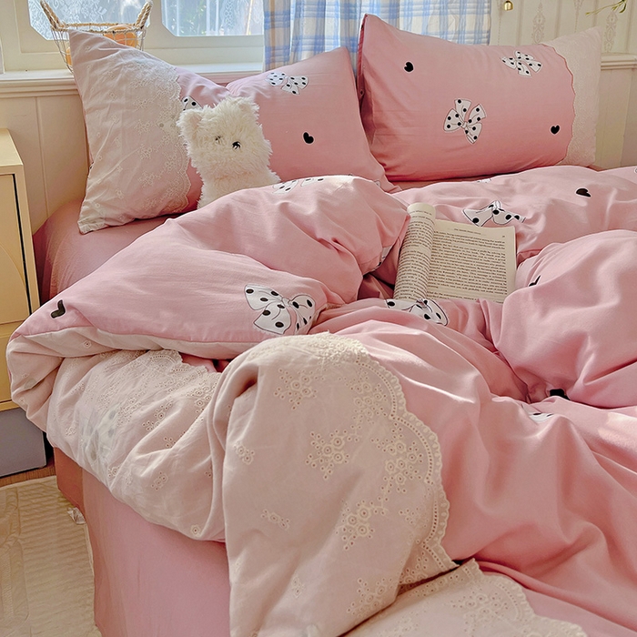 91家纺网 家纺一手货源 找家纺 港岛妹妹 2025新款韩式蕾丝花边软绵绵四件套 波点蝴蝶结