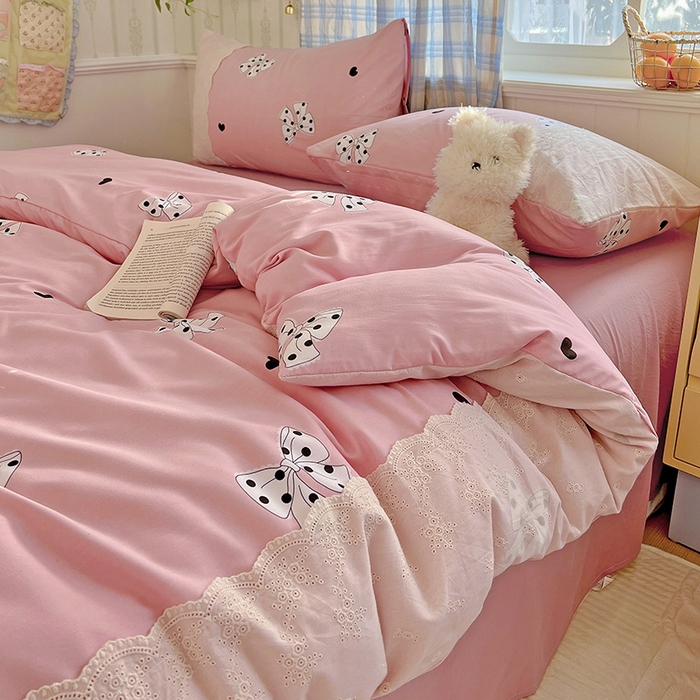 91家纺网 家纺一手货源 找家纺 港岛妹妹 2025新款韩式蕾丝花边软绵绵四件套 波点蝴蝶结