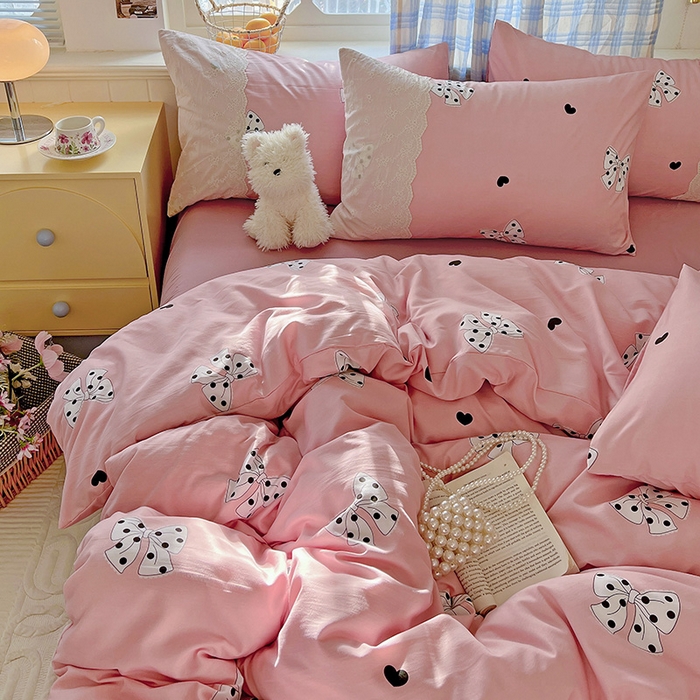 91家纺网 家纺一手货源 找家纺 港岛妹妹 2025新款韩式蕾丝花边软绵绵四件套 波点蝴蝶结