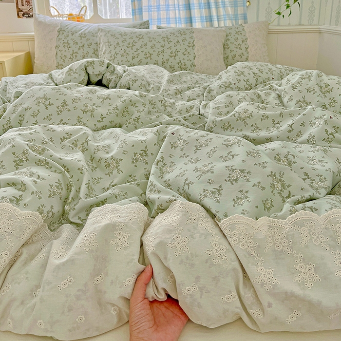 91家纺网 家纺一手货源 找家纺 港岛妹妹 2025新款韩式蕾丝花边软绵绵四件套 茶语-绿