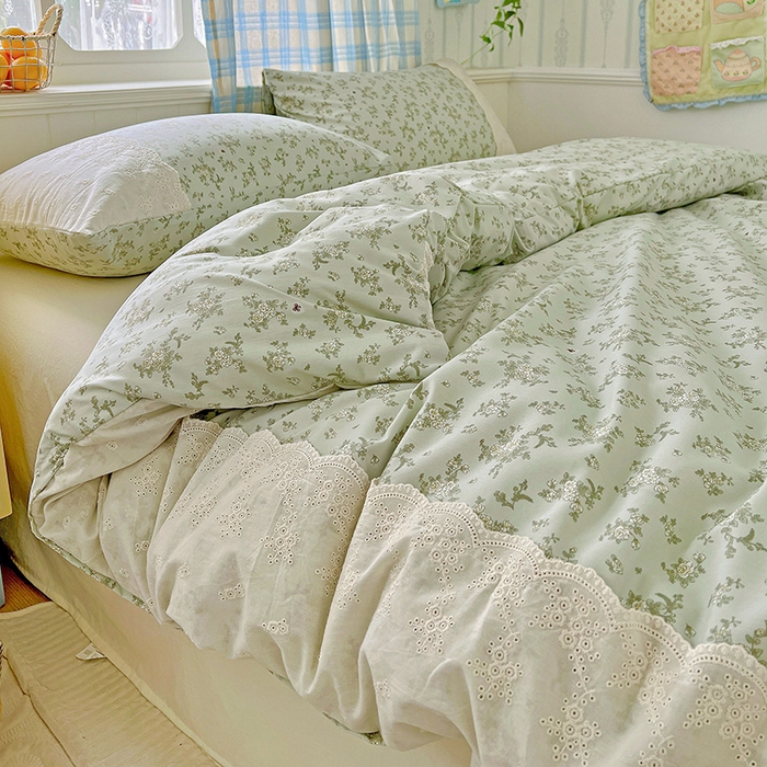 91家纺网 家纺一手货源 找家纺 港岛妹妹 2025新款韩式蕾丝花边软绵绵四件套 茶语-绿