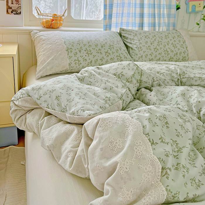 91家纺网 家纺一手货源 找家纺 港岛妹妹 2025新款韩式蕾丝花边软绵绵四件套 茶语-绿