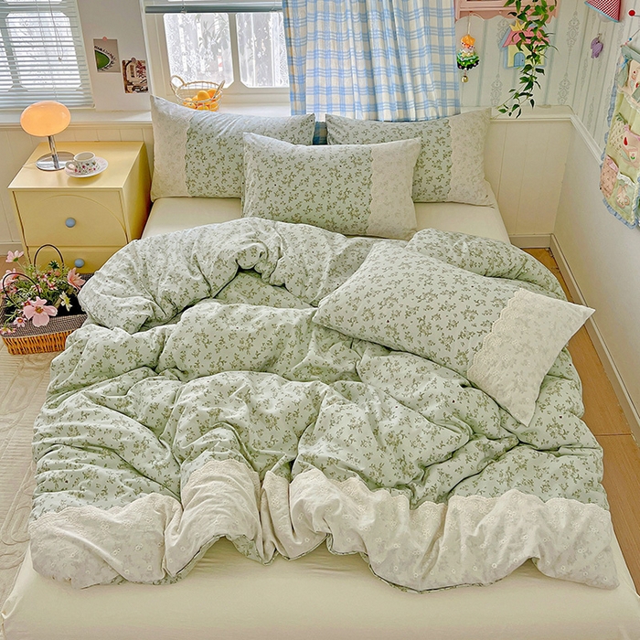 91家纺网 家纺一手货源 找家纺 港岛妹妹 2025新款韩式蕾丝花边软绵绵四件套 茶语-绿