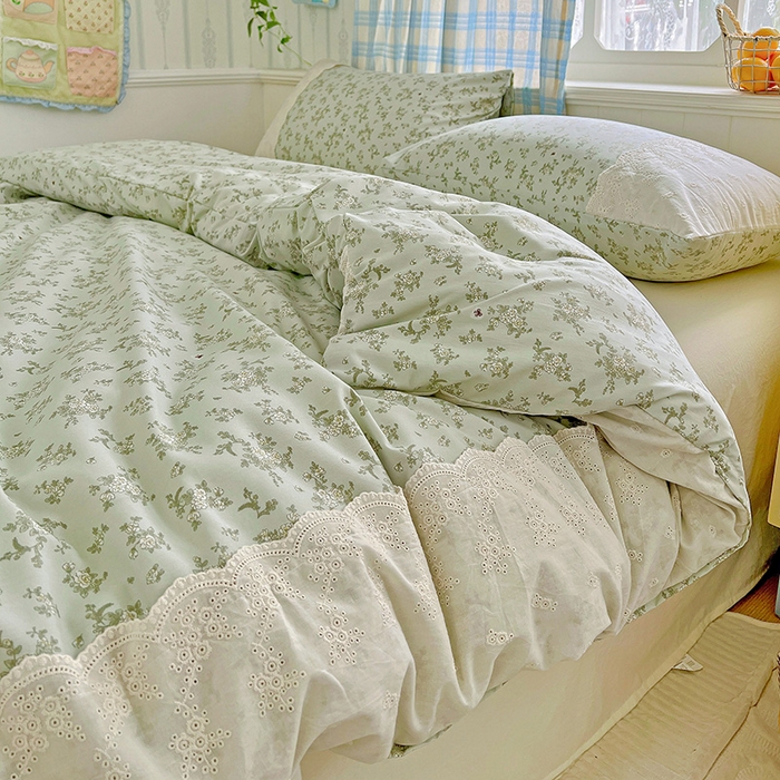 91家纺网 家纺一手货源 找家纺 港岛妹妹 2025新款韩式蕾丝花边软绵绵四件套 茶语-绿
