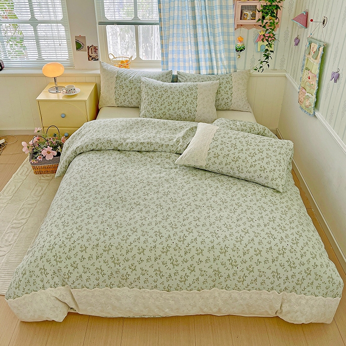 91家纺网 家纺一手货源 找家纺 港岛妹妹 2025新款韩式蕾丝花边软绵绵四件套 茶语-绿