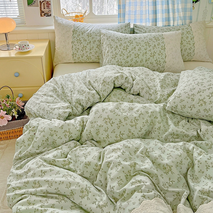 91家纺网 家纺一手货源 找家纺 港岛妹妹 2025新款韩式蕾丝花边软绵绵四件套 茶语-绿