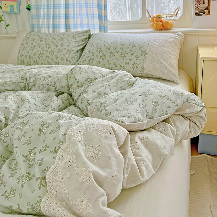 91家纺网 家纺一手货源 找家纺 港岛妹妹 2025新款韩式蕾丝花边软绵绵四件套 茶语-绿