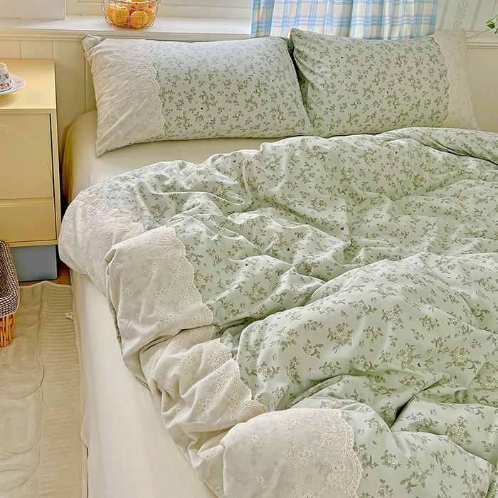 91家纺网 家纺一手货源 找家纺 港岛妹妹 2025新款韩式蕾丝花边软绵绵四件套 茶语-绿
