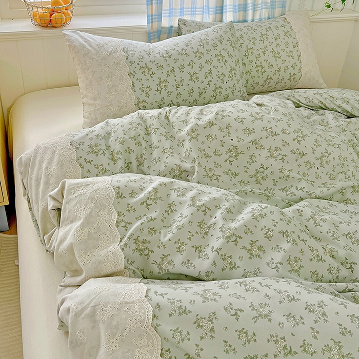 91家纺网 家纺一手货源 找家纺 港岛妹妹 2025新款韩式蕾丝花边软绵绵四件套 茶语-绿
