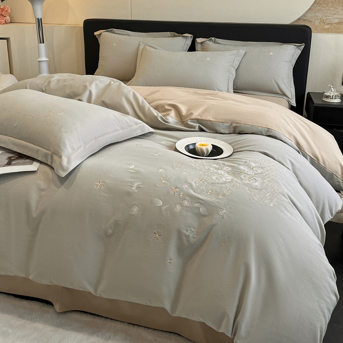 91家纺网 家纺一手货源 找家纺 涵宸家纺 2025新款全棉磨毛刺绣四件套系列-花蝴蝶 花蝴蝶-灰