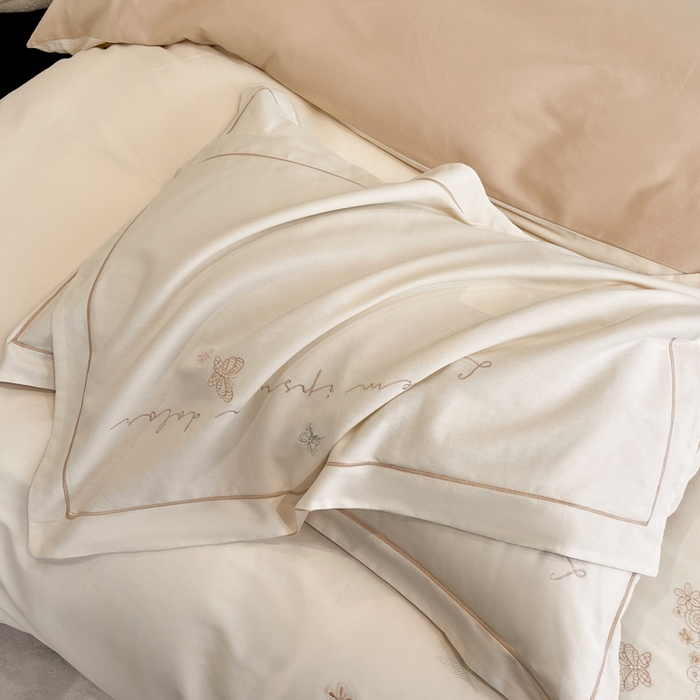 91家纺网 家纺一手货源 找家纺 涵宸家纺 2025新款全棉磨毛刺绣四件套系列-花蝴蝶 花蝴蝶-奶白