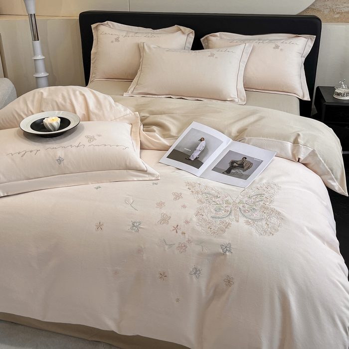 91家纺网 家纺一手货源 找家纺 涵宸家纺 2025新款全棉磨毛刺绣四件套系列-花蝴蝶 花蝴蝶-浅粉