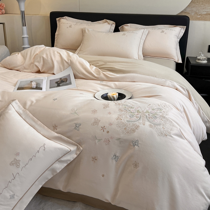 91家纺网 家纺一手货源 找家纺 涵宸家纺 2025新款全棉磨毛刺绣四件套系列-花蝴蝶 花蝴蝶-浅粉