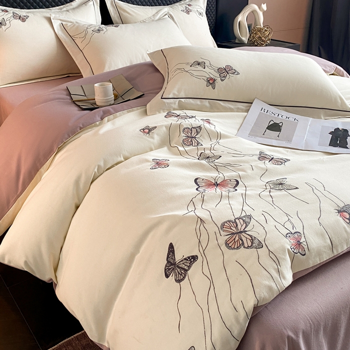 91家纺网 家纺一手货源 找家纺 （总）涵宸家纺 2025新款全棉磨毛刺绣四件套系列-蝶影