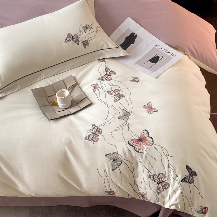 91家纺网 家纺一手货源 找家纺 （总）涵宸家纺 2025新款全棉磨毛刺绣四件套系列-蝶影