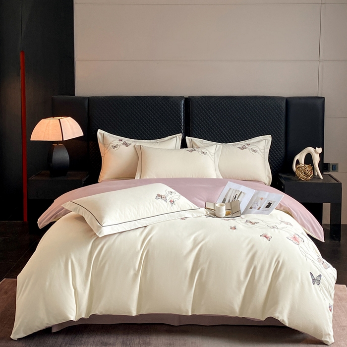 91家纺网 家纺一手货源 找家纺 涵宸家纺 2025新款全棉磨毛刺绣四件套系列-蝶影 蝶影-白