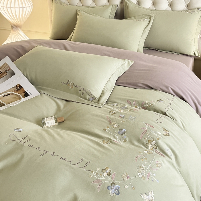 91家纺网 家纺一手货源 找家纺 涵宸家纺 2025新款全棉磨毛刺绣四件套系列-普莉 普莉-绿